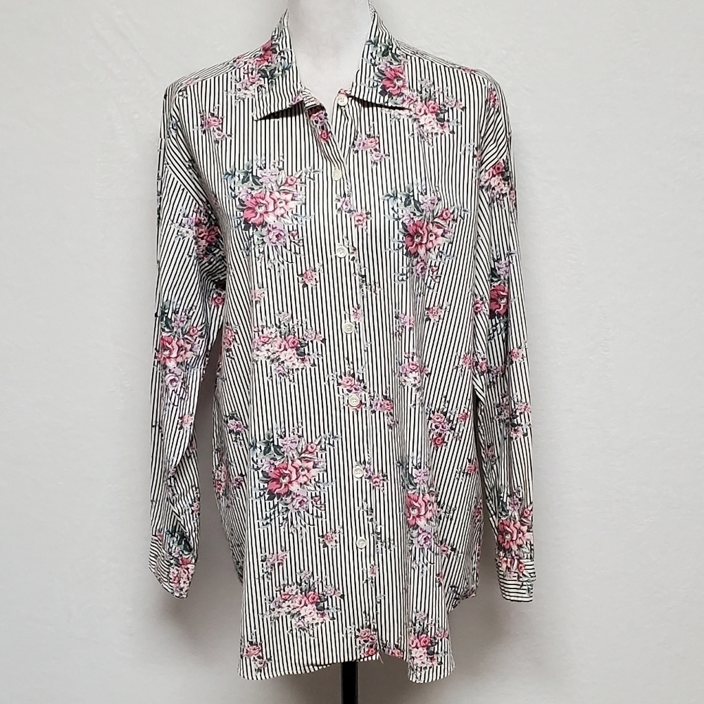 Casey & Max Vintage 80s Mixed Media Floral Striped Hi-low Button Up Blouse L - Picture 4 of 15